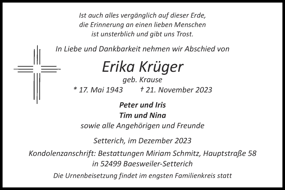 Traueranzeigen von Erika Krüger Aachen gedenkt