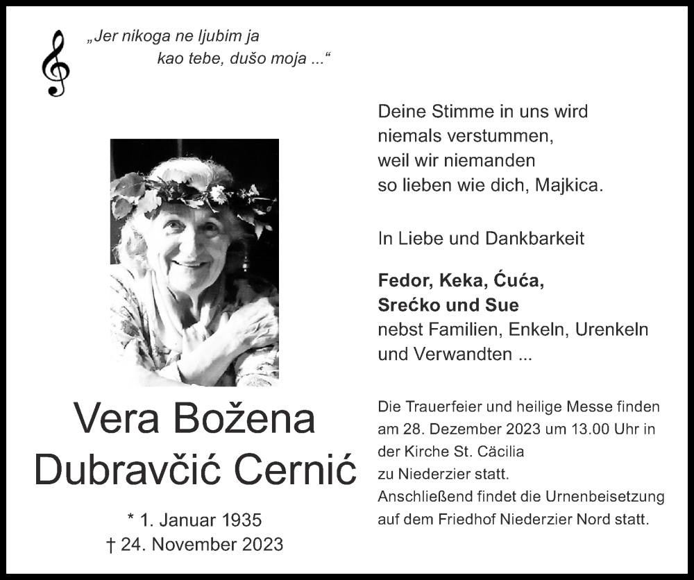 Traueranzeigen Von Vera Bozena Dubravcic Cernic Aachen Gedenkt