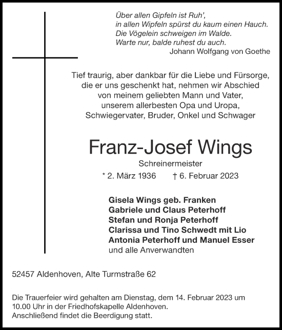 Traueranzeigen Von Franz Josef Wings Aachen Gedenkt