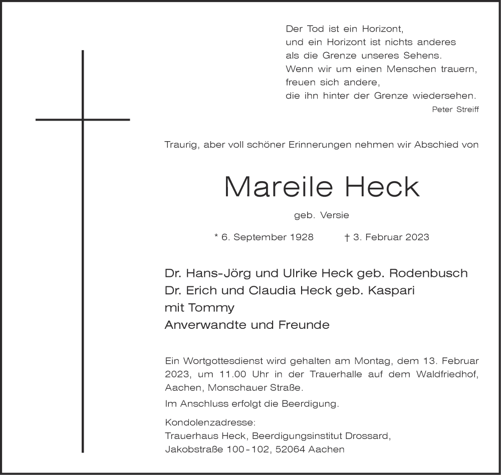 Traueranzeigen Von Mareile Heck Aachen Gedenkt