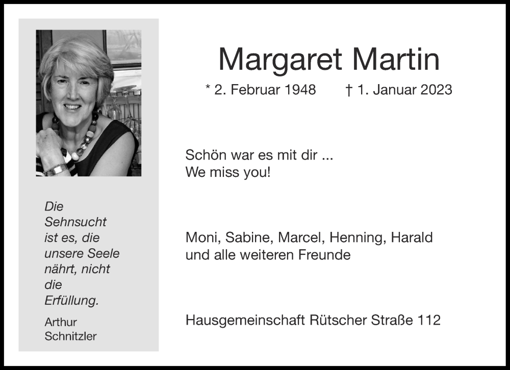 Traueranzeigen Von Margaret Martin Aachen Gedenkt