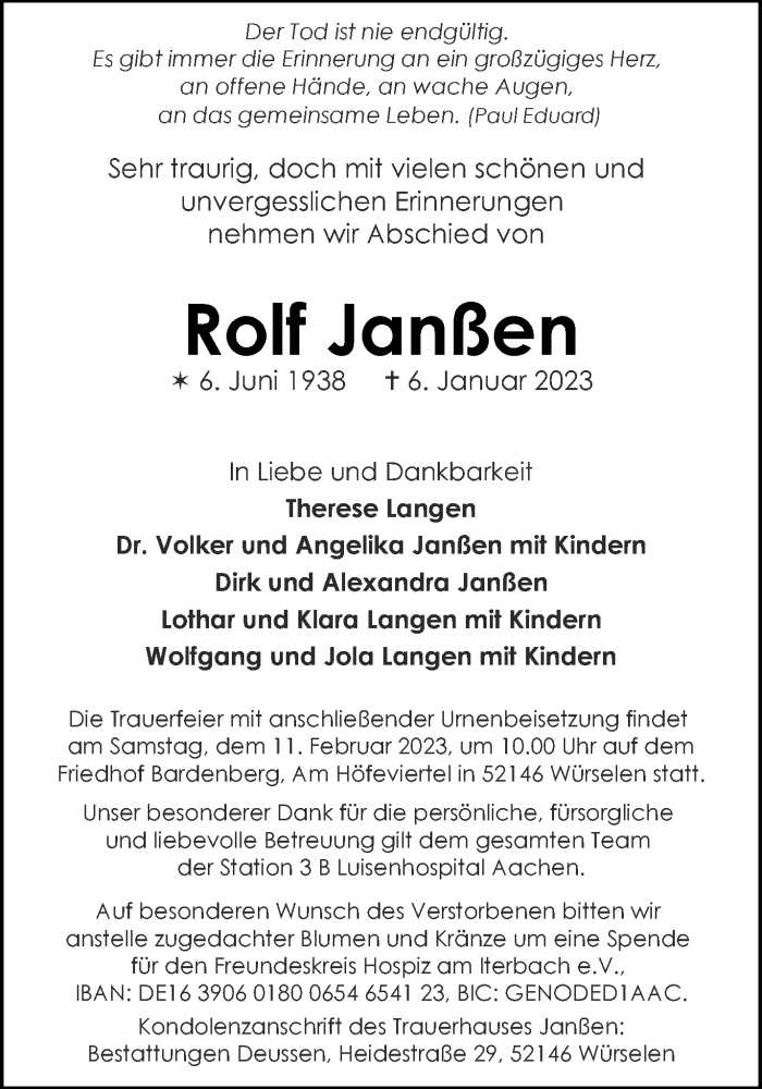 Traueranzeigen Von Rolf Jan En Aachen Gedenkt