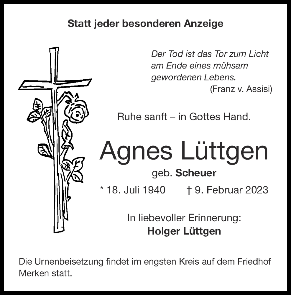 Traueranzeigen Von Agnes L Ttgen Aachen Gedenkt