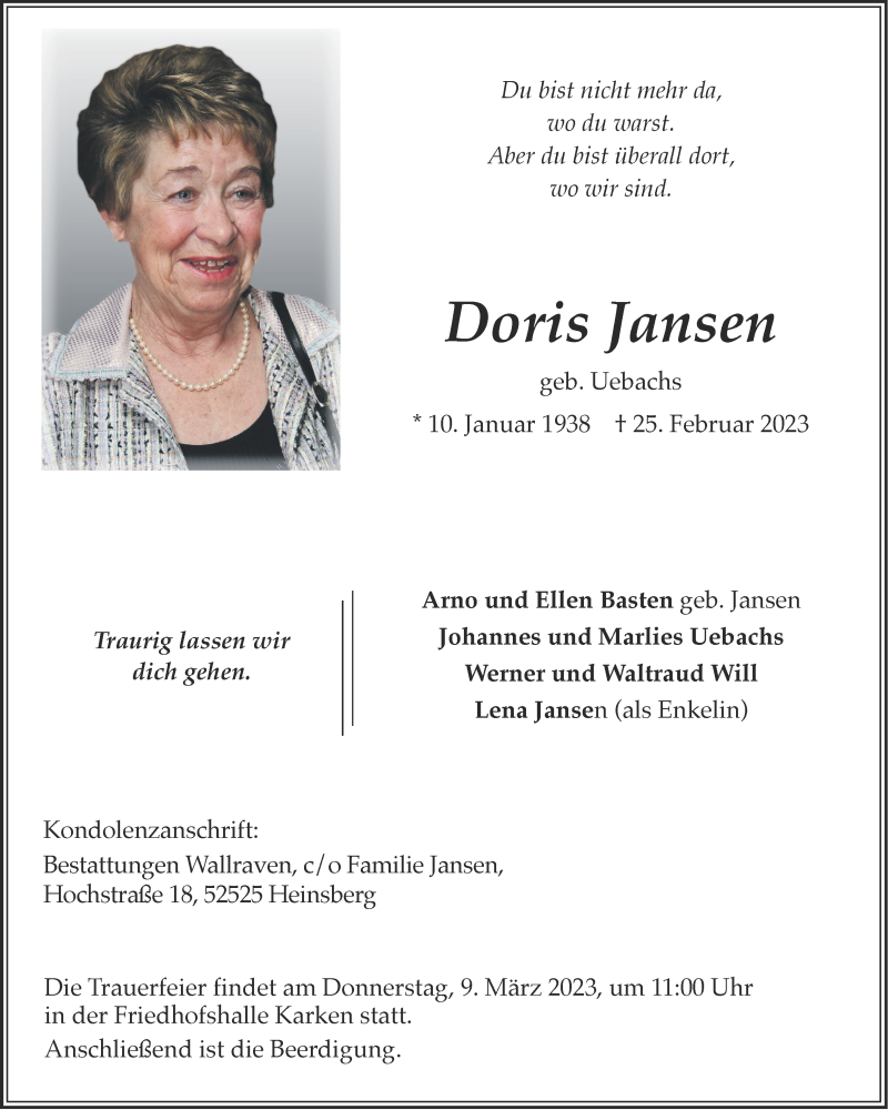 Traueranzeigen Von Doris Jansen Aachen Gedenkt