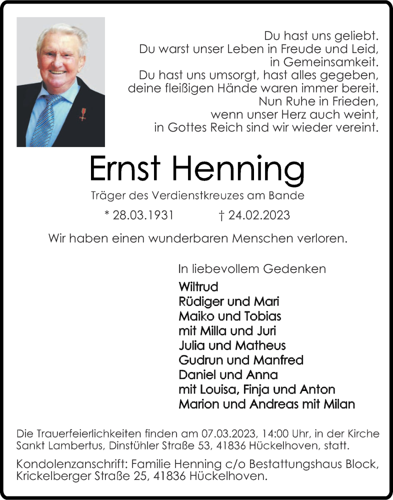 Traueranzeigen Von Ernst Henning Aachen Gedenkt