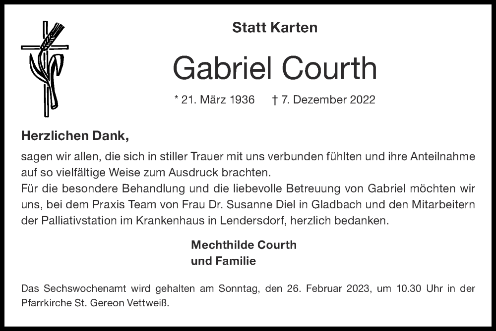 Traueranzeigen Von Gabriel Courth Aachen Gedenkt