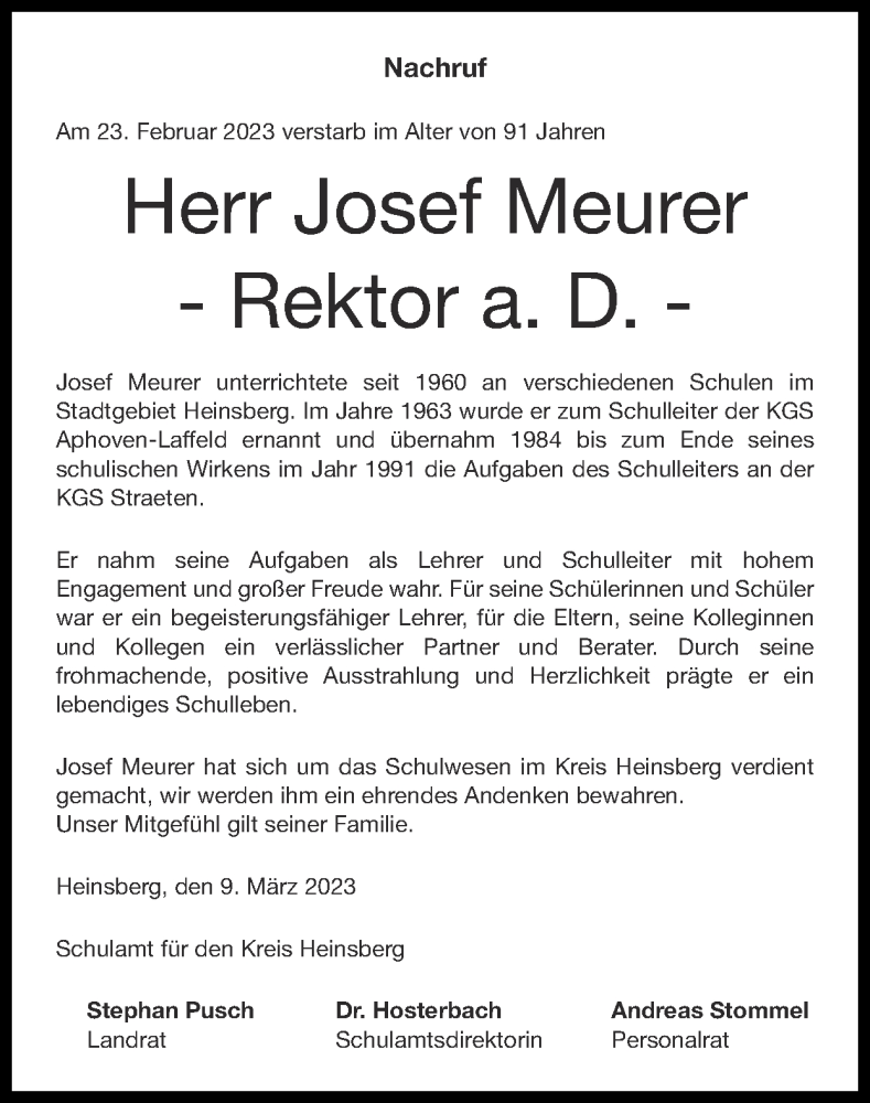 Traueranzeigen Von Josef Meurer Aachen Gedenkt