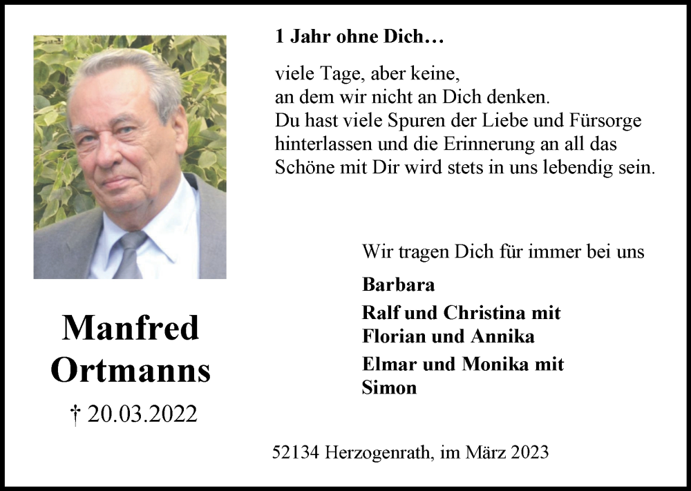 Traueranzeigen Von Manfred Ortmanns Aachen Gedenkt