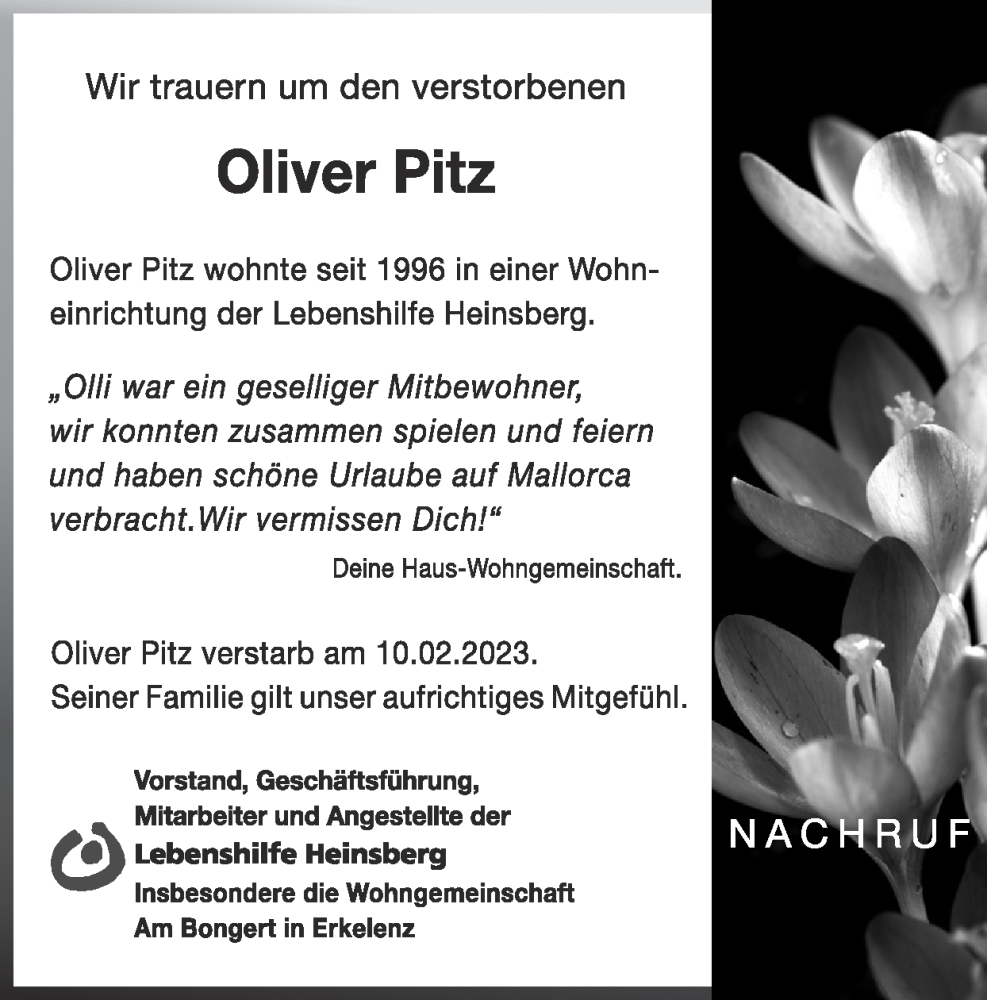 Traueranzeigen Von Oliver Pitz Aachen Gedenkt