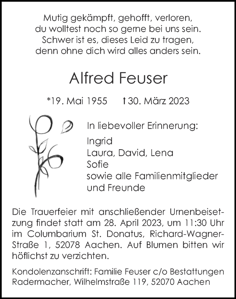 Traueranzeigen Von Alfred Feuser Aachen Gedenkt