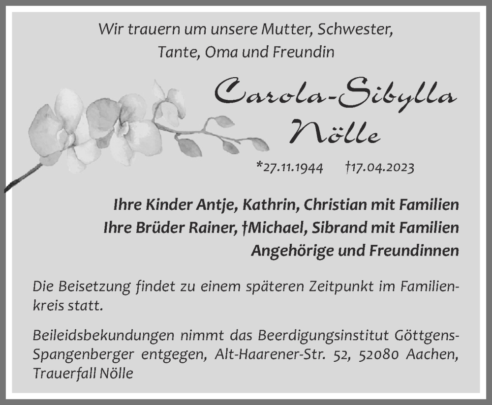 Traueranzeigen von Carola Sibylla Nölle Aachen gedenkt