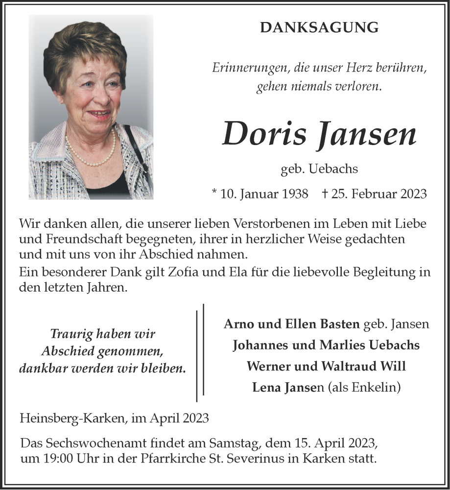 Traueranzeigen Von Doris Jansen Aachen Gedenkt