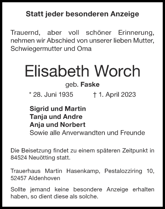 Traueranzeigen Von Elisabeth Worch Aachen Gedenkt