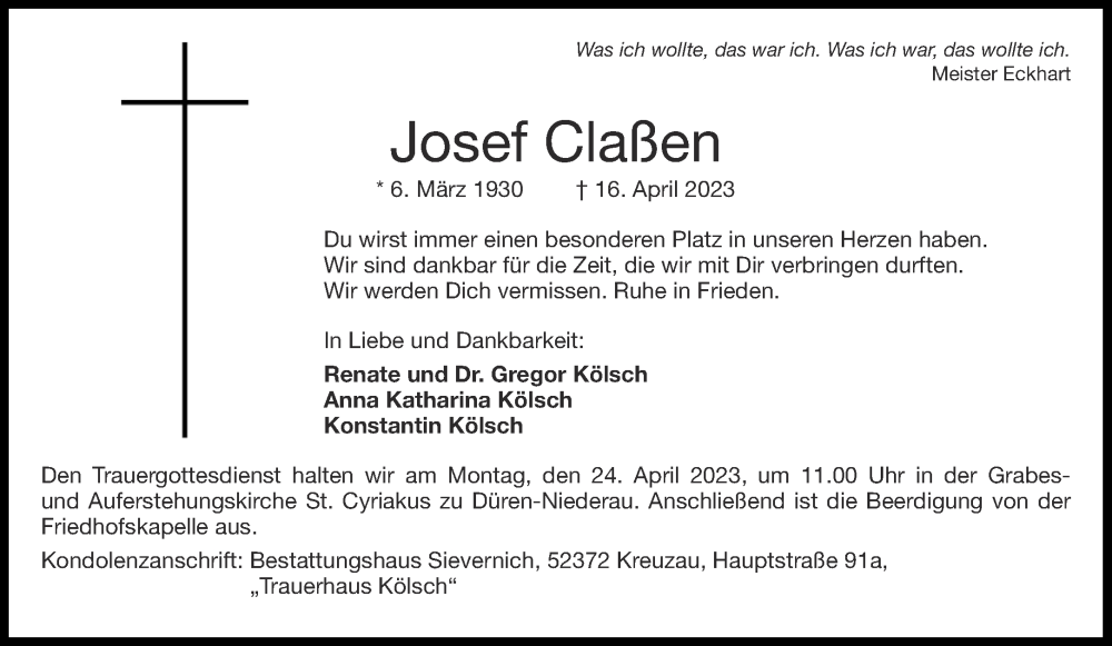 Traueranzeigen Von Josef Cla En Aachen Gedenkt