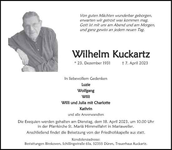 Traueranzeigen Von Wilhelm Kuckartz Aachen Gedenkt