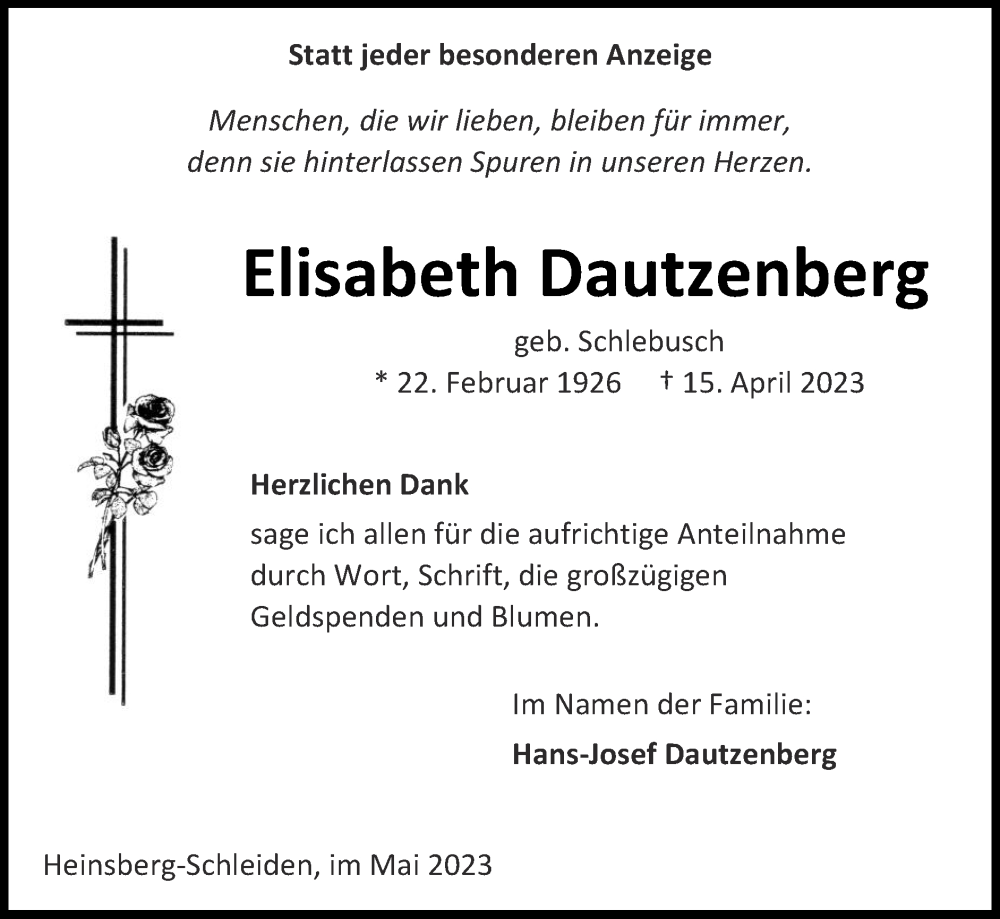 Traueranzeigen Von Elisabeth Dautzenberg Aachen Gedenkt