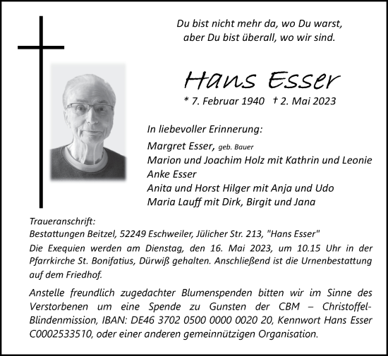 Traueranzeigen Von Hans Esser Aachen Gedenkt