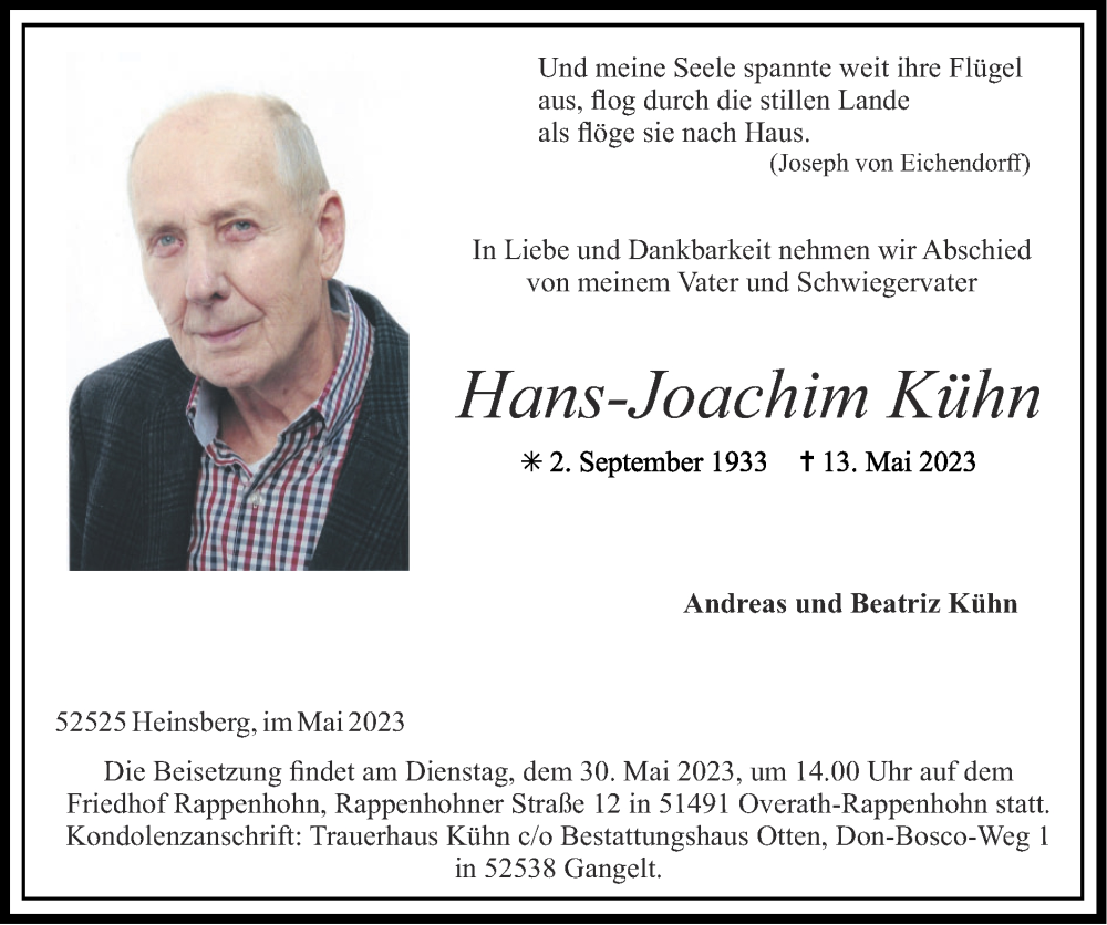 Traueranzeigen Von Hans Joachim K Hn Aachen Gedenkt