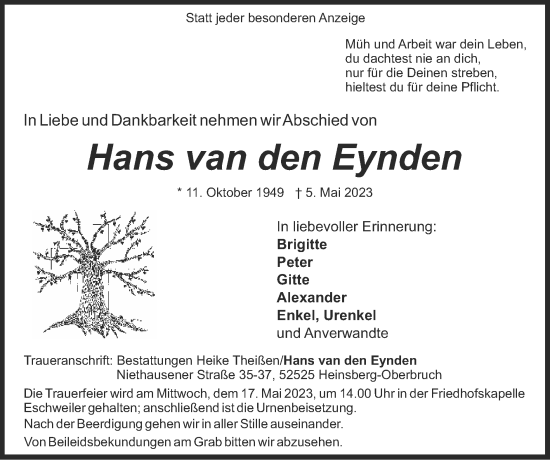 Traueranzeigen Von Hans Van Den Eynden Aachen Gedenkt