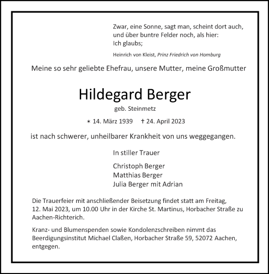 Traueranzeigen Von Hildegard Berger Aachen Gedenkt