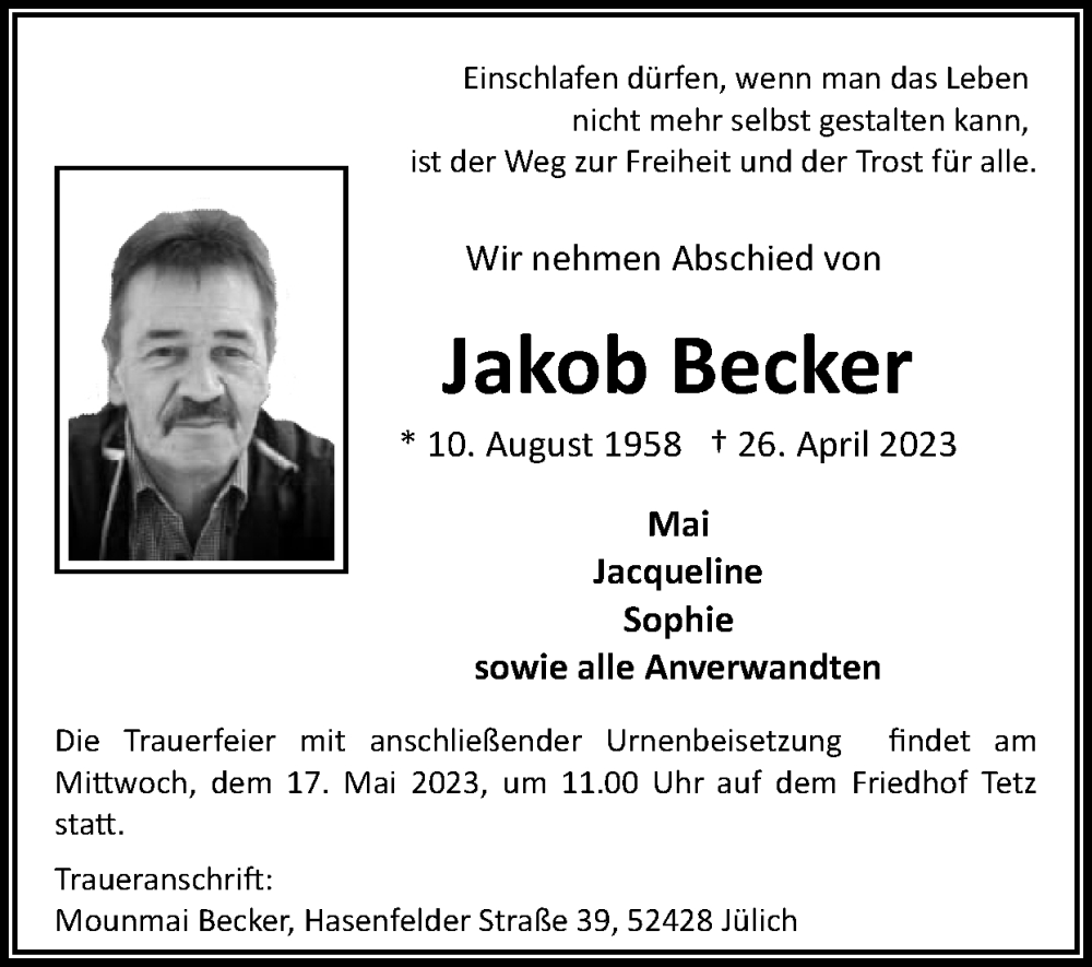 Traueranzeigen Von Jakob Becker Aachen Gedenkt