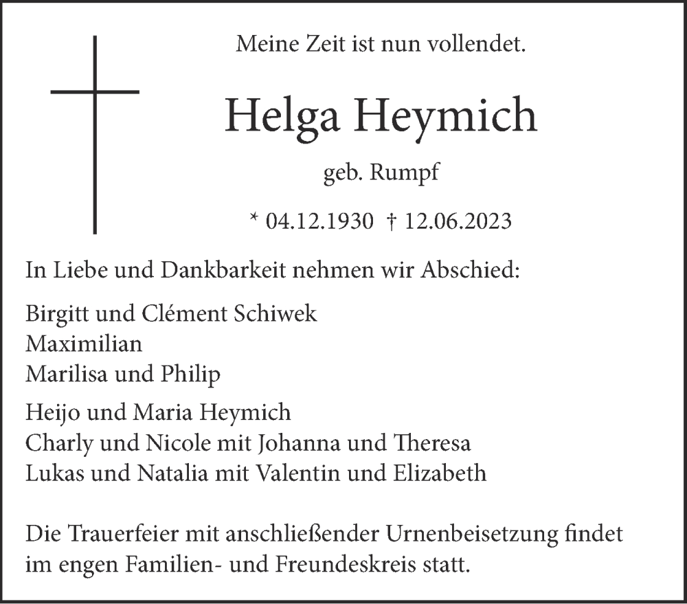 Traueranzeigen Von Helga Heymich Aachen Gedenkt