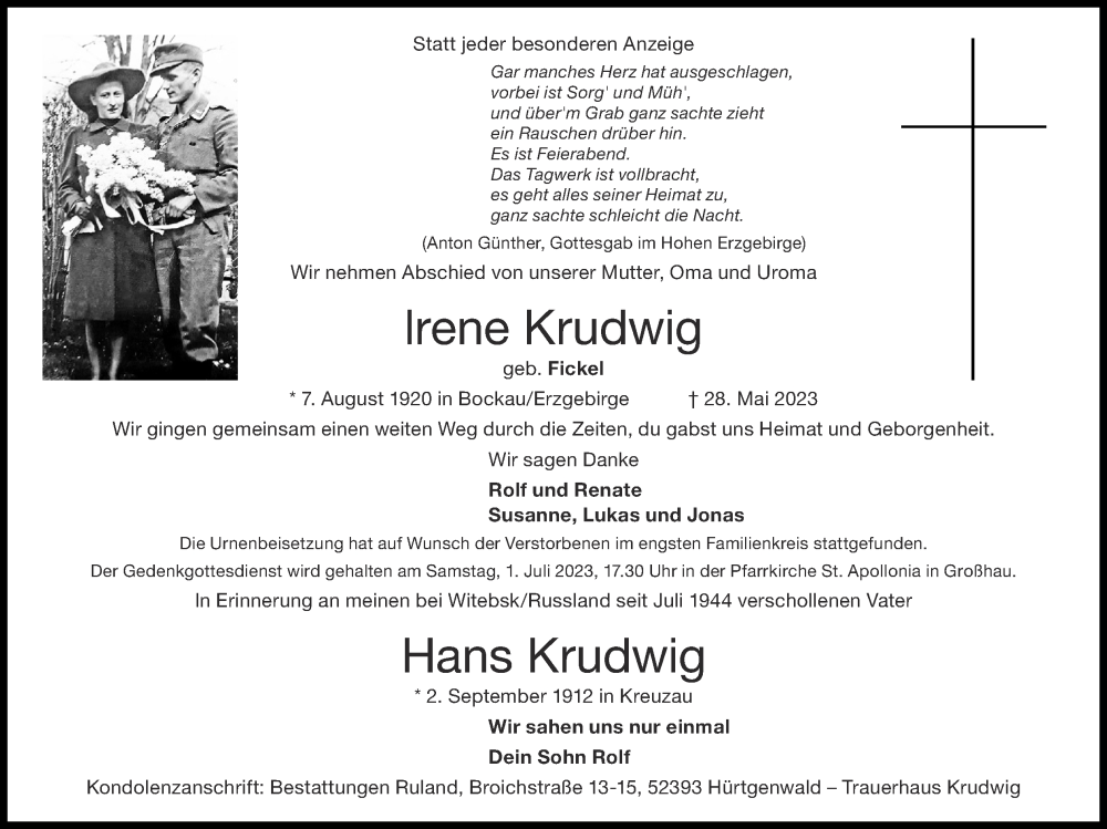 Traueranzeigen Von Irene Krudwig Aachen Gedenkt