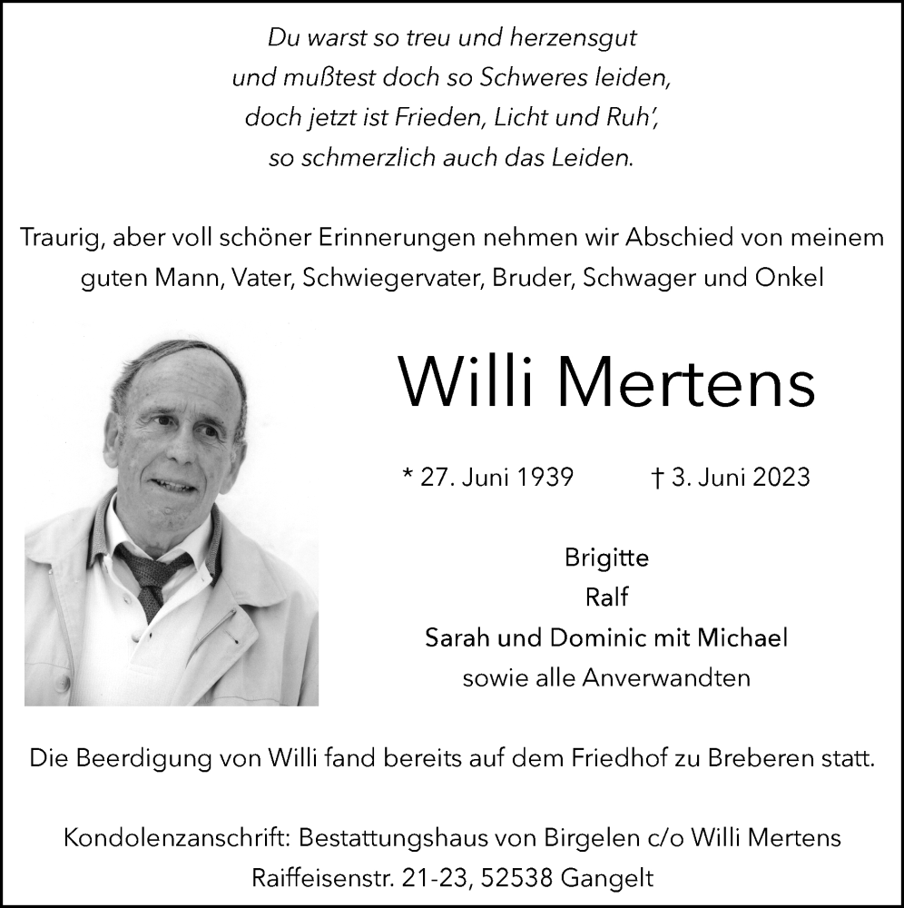 Traueranzeigen Von Willi Mertens Aachen Gedenkt