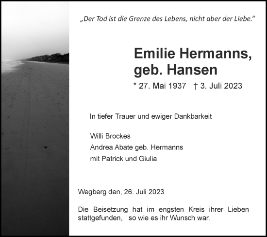 Traueranzeigen Von Emilie Hermanns Aachen Gedenkt