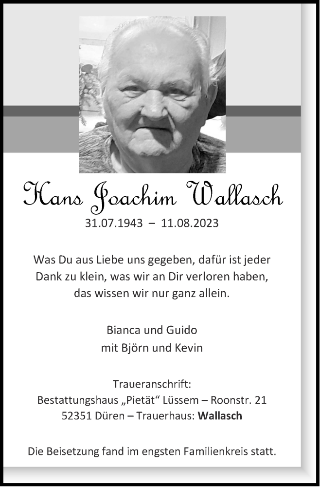 Traueranzeigen Von Hans Joachim Wallasch Aachen Gedenkt