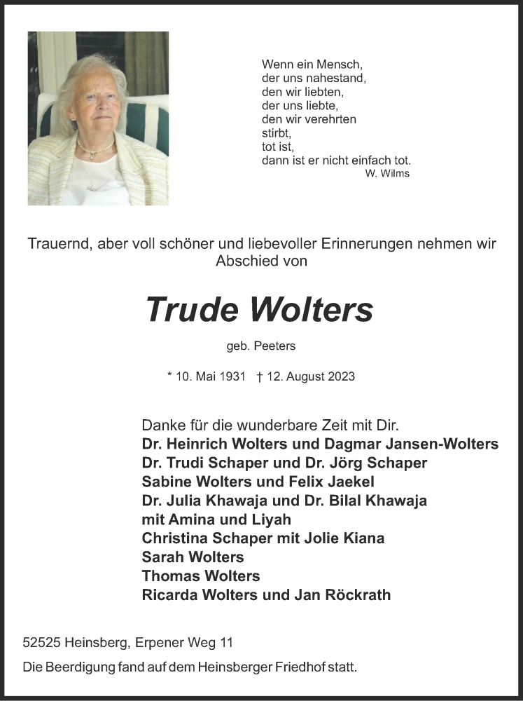 Traueranzeigen Von Trude Wolters Aachen Gedenkt