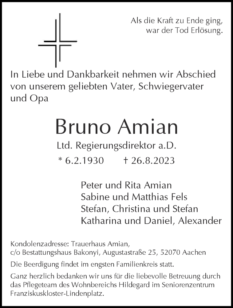 Traueranzeigen Von Bruno Amian Aachen Gedenkt