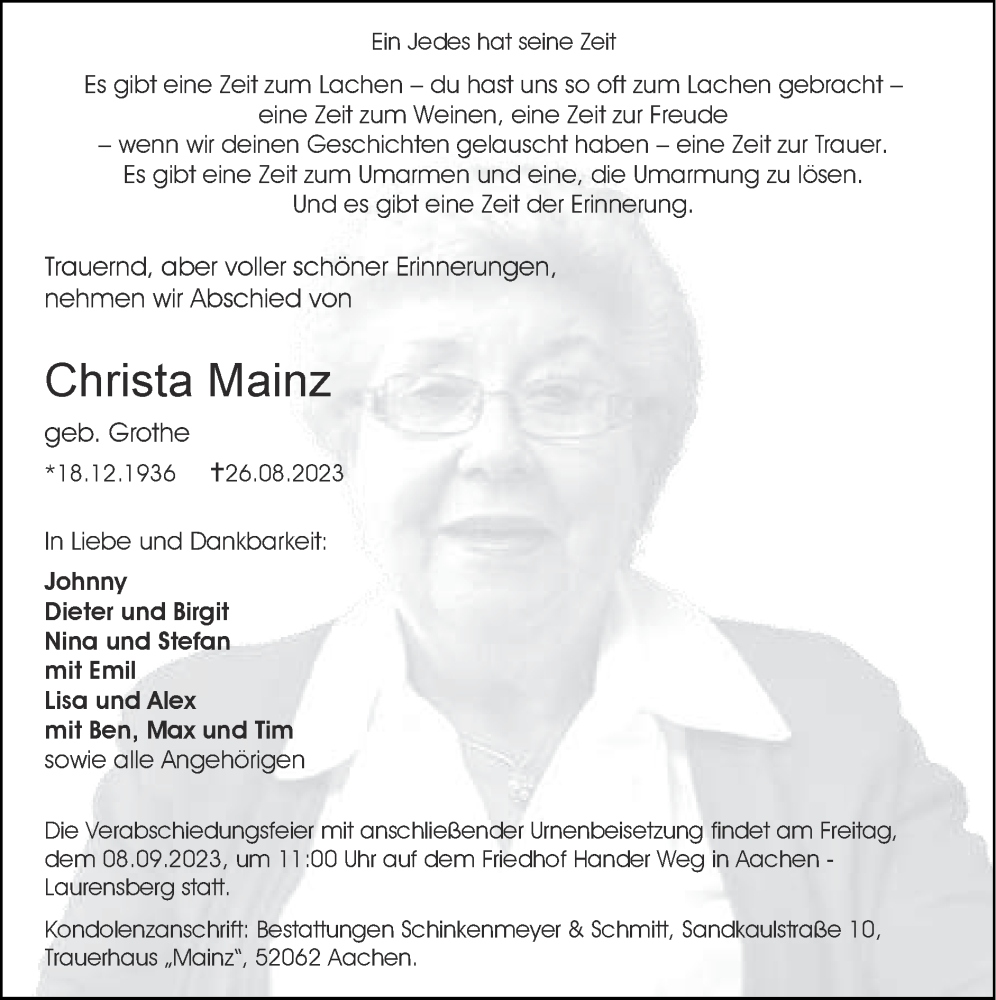 Traueranzeigen Von Christa Mainz Aachen Gedenkt