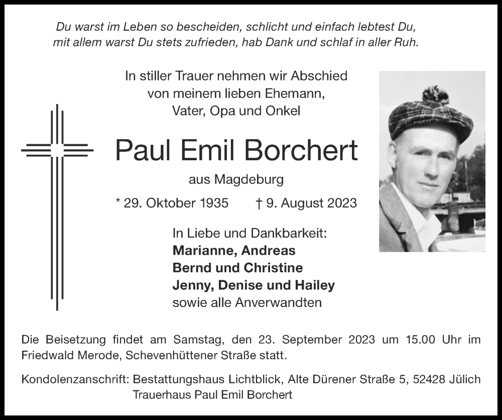 Traueranzeigen Von Paul Emil Borchert Aachen Gedenkt