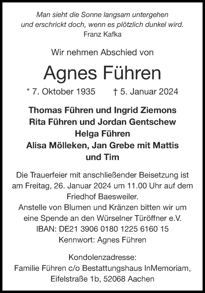 Traueranzeigen von Agnes Führen Aachen gedenkt