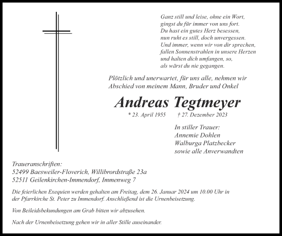 Traueranzeigen Von Andreas Tegtmeyer Aachen Gedenkt