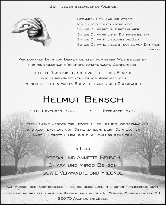 Traueranzeigen Von Helmut Bensch Aachen Gedenkt