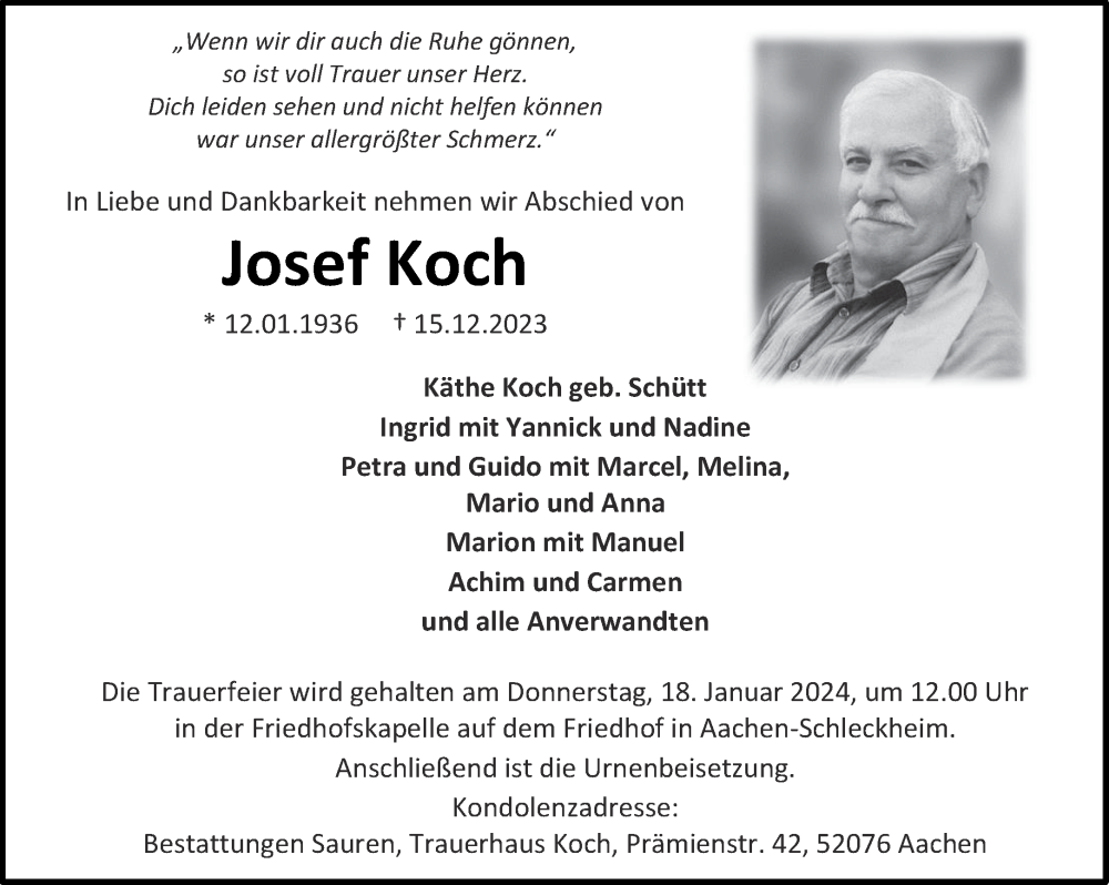 Traueranzeigen Von Josef Koch Aachen Gedenkt