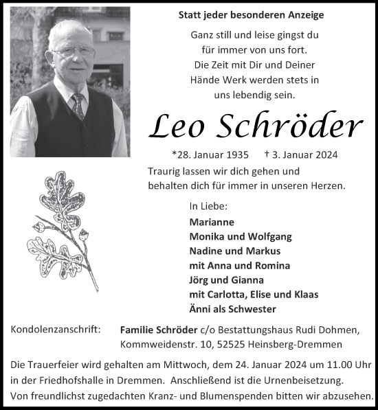 Traueranzeigen von Leo Schröder Aachen gedenkt