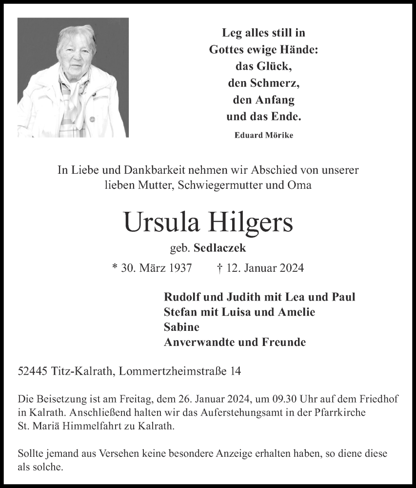 Traueranzeigen Von Ursula Hilgers Aachen Gedenkt