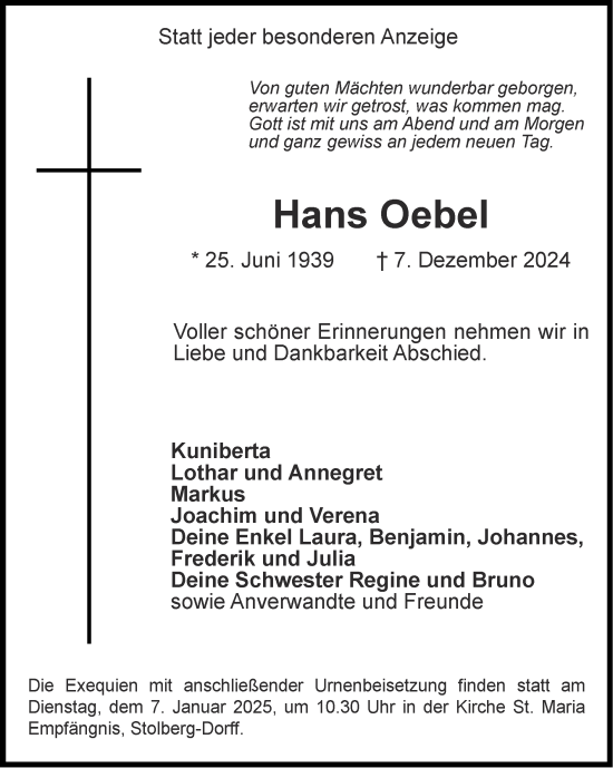 Traueranzeigen Von Hans Oebel Aachen Gedenkt