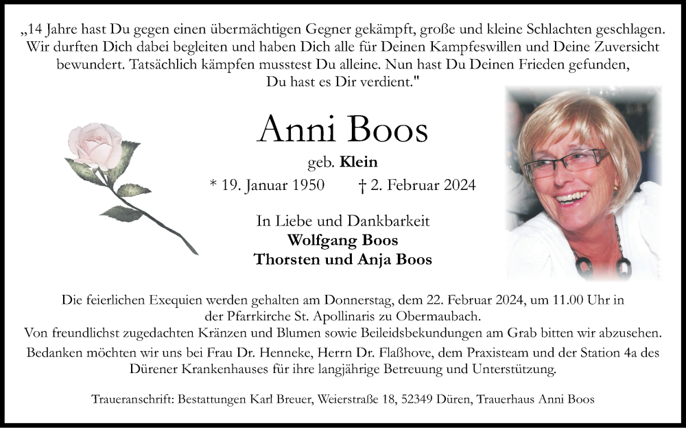 Traueranzeigen Von Anni Boos Aachen Gedenkt