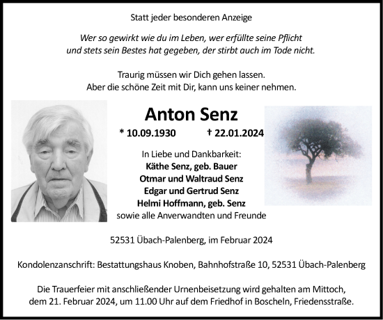 Traueranzeigen Von Anton Senz Aachen Gedenkt