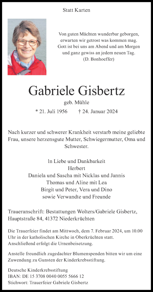 Traueranzeigen Von Gabriele Gisbertz Aachen Gedenkt