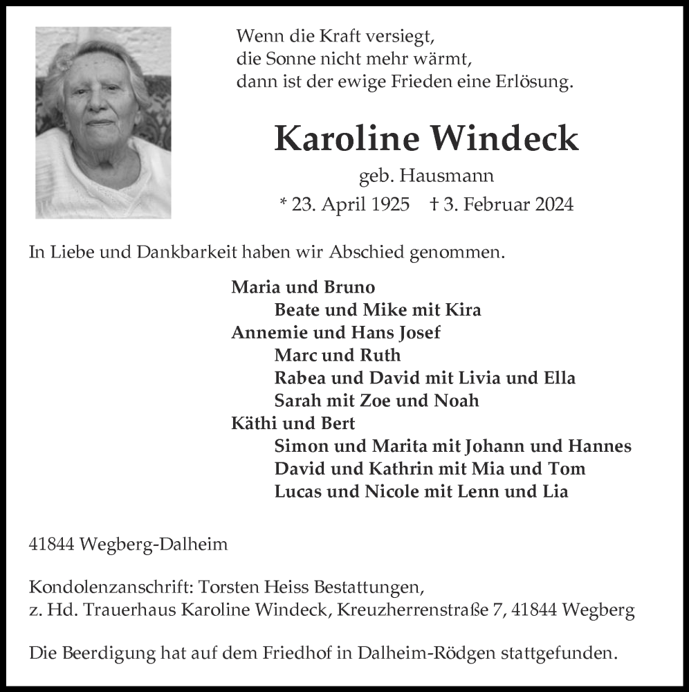 Traueranzeigen Von Karoline Windeck Aachen Gedenkt