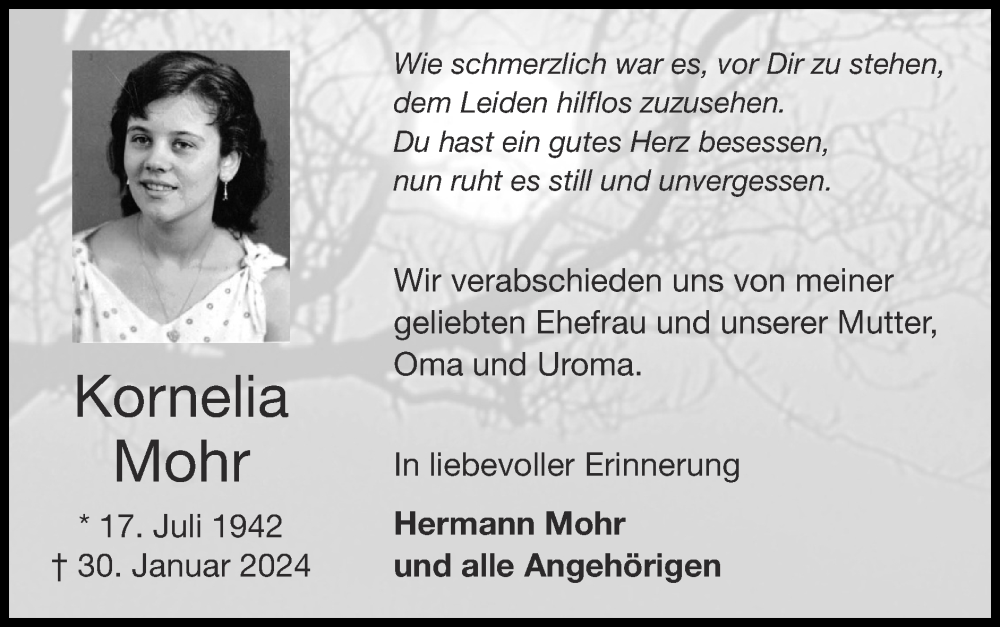 Traueranzeigen Von Kornelia Mohr Aachen Gedenkt