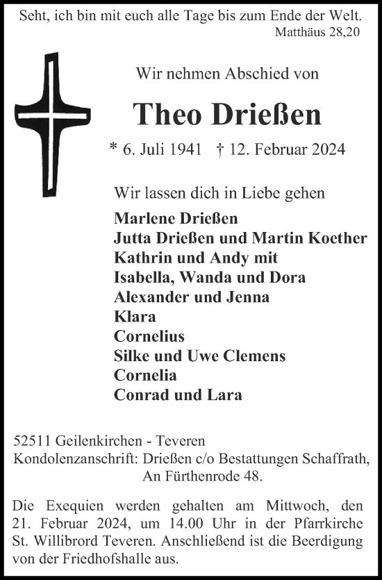 Traueranzeigen von Theo Drießen Aachen gedenkt