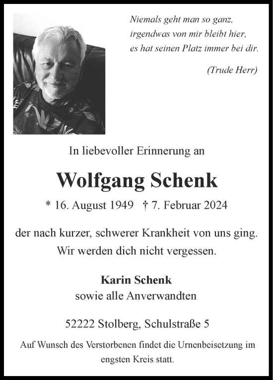 Traueranzeigen Von Wolfgang Schenk Aachen Gedenkt