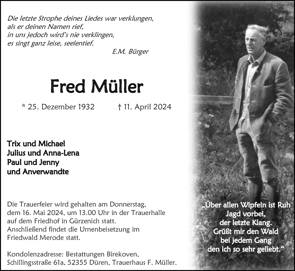 Traueranzeigen von Fred Müller Aachen gedenkt