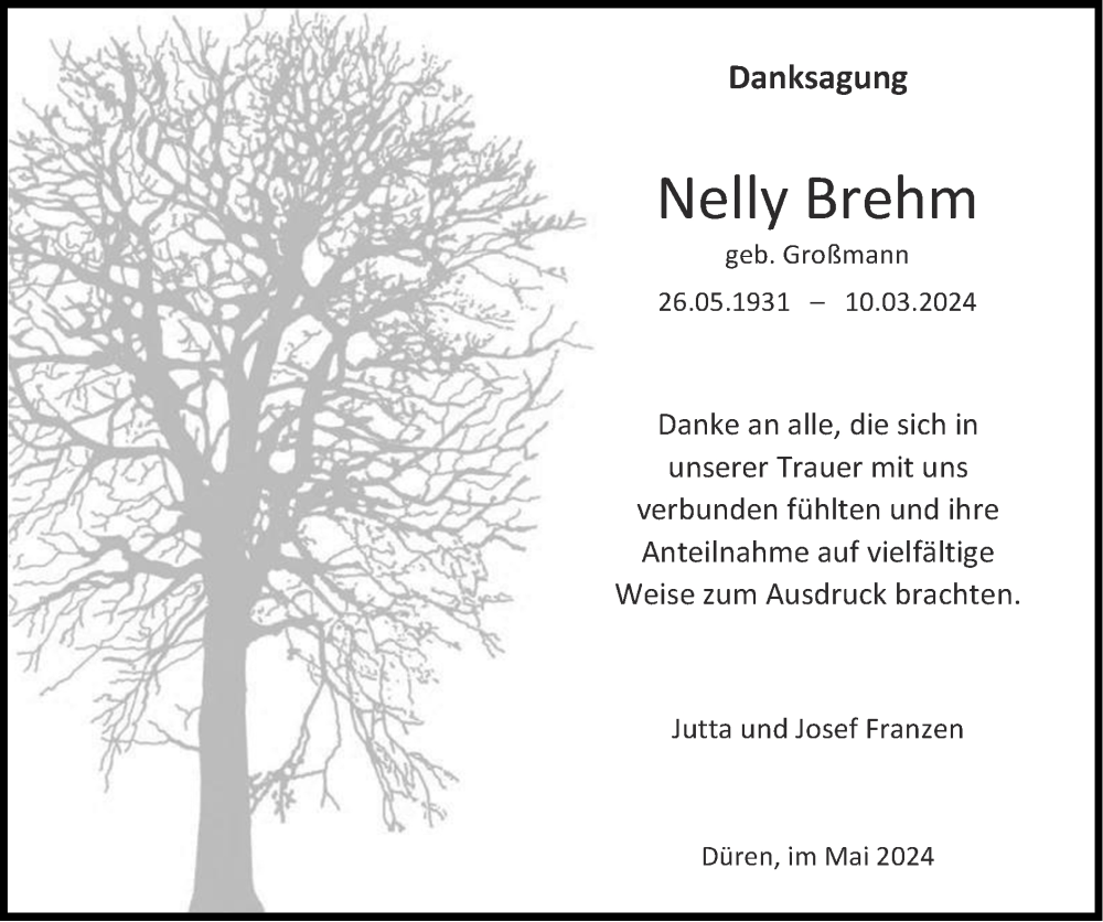 Traueranzeigen Von Nelly Brehm Aachen Gedenkt